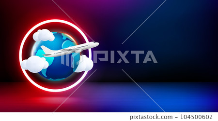 Product showcase and shining neon frame with sale sign. 3d vector banner with copy space. Tyravel concept 104500602