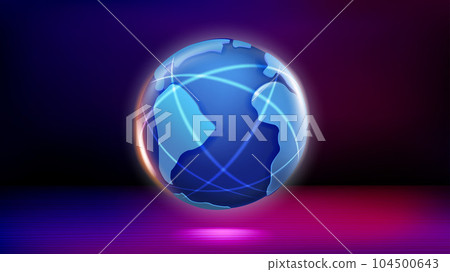 The Earth with shining neon traces. Fantasy world. 3d vector illustration 104500643