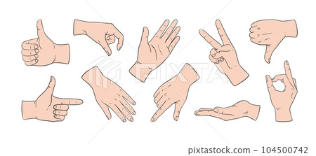 Hand gestures. Human fingers position. Press or point. Two body thumbs gesturing. Arms line sketch. Touch or signal. OK and victory. Gesticulating icon. Vector cartoon message signs set 104500742