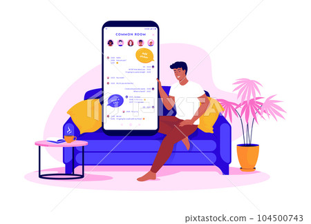 Man chatting. Dating cellphone application. Guy sitting on sofa. Smartphone communication. Living room. Online website for mobile. Romantic talking. Vector digital messenger illustration 104500743