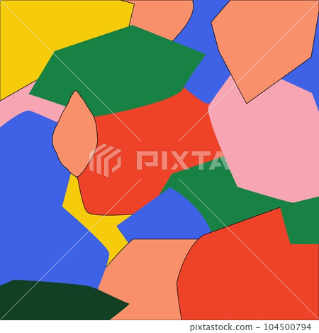 Doodle shape pattern. Color geometric figures. Irregular splashes. Minimal uneven forms. Childish drawing. Bright print. Mosaic modern banner Contemporary art. Vector abstract background 104500794