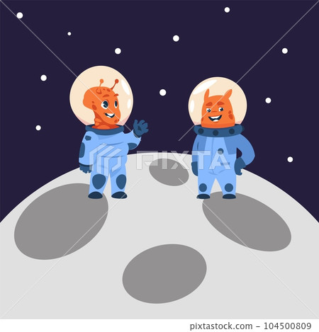 Cartoon alien cosmonauts on moon. Space adventures, cute monsters in spacesuits with helmets. Fantasy animals in space. Nursery wall art, sticker or poster. Vector illustration Cartoon alien cosmonauts on moon. Space adventures, cute monsters in spacesuits with helmets. Fantasy animals in space. Nursery wall art, sticker or poster. Vector illustration 104500809