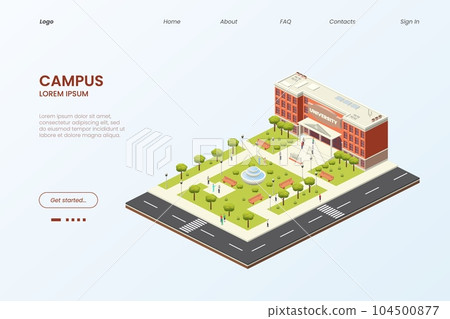 Isometric university campus. Landing page. Students education. School yard. College studying. Building and asphalt road. Online course infographic. Vector illustration website template Isometric university campus. Landing page. Students education. School yard. College studying. Building and asphalt road. Online course infographic. Vector illustration website template 104500877