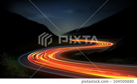 Car speed lights. Glowing trail, highway road line, fast and long night exposure, red lane blurred effect. Mountains and night sky. Vector abstract background with dynamic flashlight Car speed lights. Glowing trail, highway road line, fast and long night exposure, red lane blurred effect. Mountains and night sky. Vector abstract background with dynamic flashlight 104500880