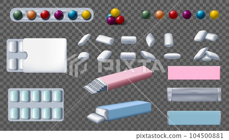 Chewing gum pack. Bubble balls. Blister and wrapper. Realistic candy in foil wrap. Pink and blue box design. Dental dragee and stripe sweets. 3D packaging mockup. Vector bubblegum set 104500881