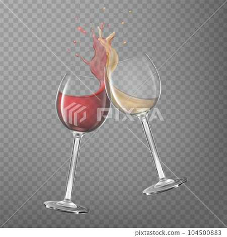 Wine glass. Red and white transparent drink, rose splash, spill liquid, two realistic wineglass goblets, alcoholic grape beverage, winery vector isolated on transparent background set 104500883