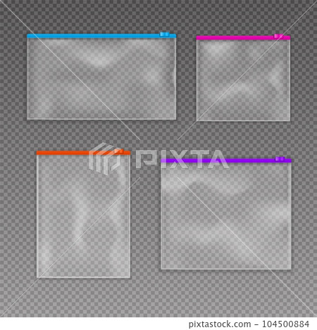 Zip bag. Transparent plastic pouch. Color zipper lock on clean envelope. 3D mockup of ziplock package. Waterproof empty packaging. Polythene pack. Vector realistic square pockets set 104500884