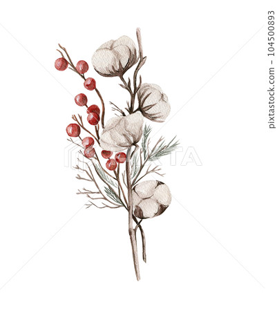 Cotton branches and red berries composition . Hand drawn illustration . Perfect for scrapbooking, kids design, wedding invitation, posters, greetings cards, party decoration. Cotton branches and red berries composition . Hand drawn illustration . Perfect for scrapbooking, kids design, wedding invitation, posters, greetings cards, party decoration. 104500893