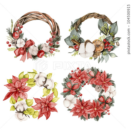 Christmas wreath with fir branches and red flowers. Watercolor hand drawn illustration for invitations, greeting cards, prints, packaging and more. Merry christmas and happy new year. 104500915