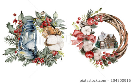 Christmas wreath with fir branches and red flowers. Watercolor hand drawn illustration for invitations, greeting cards, prints, packaging and more. Merry christmas and happy new year. 104500916