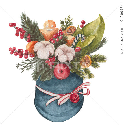 Cotton branches and red berries composition . Hand drawn illustration . Perfect for scrapbooking, kids design, wedding invitation, posters, greetings cards, party decoration. 104500924