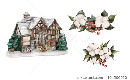 Watercolor winter house with a snow covered roof and cotton branches. Hand drawn illustration of a winter cottage for invitations, greeting cards, prints, packaging. Merry christmas and happy new year Watercolor winter house with a snow covered roof and cotton branches. Hand drawn illustration of a winter cottage for invitations, greeting cards, prints, packaging. Merry christmas and happy new year 104500950