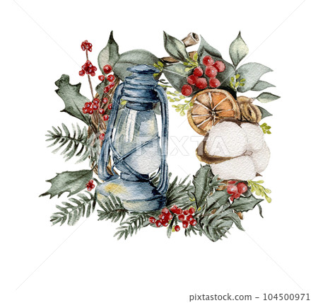 Christmas wreath with fir branches and red flowers. Watercolor hand drawn illustration for invitations, greeting cards, prints, packaging and more. Merry christmas and happy new year. Christmas wreath with fir branches and red flowers. Watercolor hand drawn illustration for invitations, greeting cards, prints, packaging and more. Merry christmas and happy new year. 104500971
