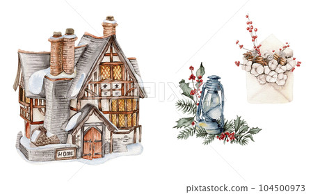 Watercolor wnter house with a snow covered roof, lamp, envelop and cotton branches. Hand drawn illustration of a winter cottage for invitations, greeting cards, prints, packaging. Watercolor wnter house with a snow covered roof, lamp, envelop and cotton branches. Hand drawn illustration of a winter cottage for invitations, greeting cards, prints, packaging. 104500973