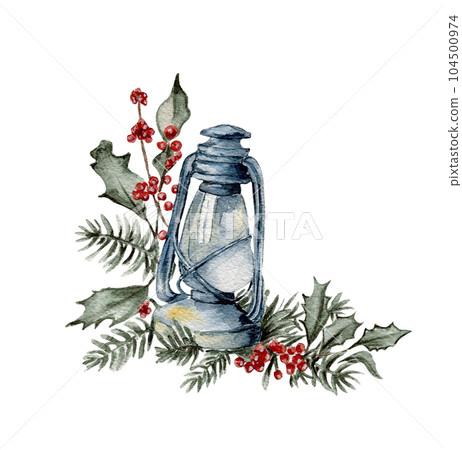 Watercolor winter composition of a lamp, red berries and green branches. Hand drawn illustration of a winter for invitations, greeting cards, prints, packaging. Merry christmas and happy new year. 104500974
