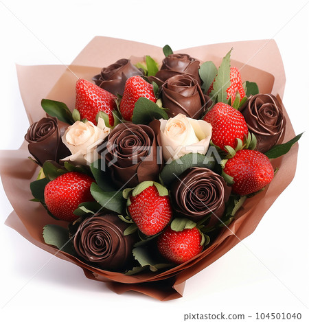 Unusual bouquet of chocolate roses and strawberries, close-up on a white background, great gift, congratulation Unusual bouquet of chocolate roses and strawberries, close-up on a white background, great gift, congratulation 104501040