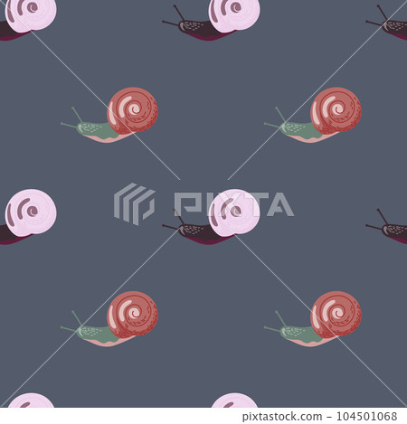 Cute snails seamless pattern. Funny cartoon character wallpaper in doodle style. 104501068