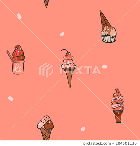 Hand drawn vector abstract graphic ice cream cone ,sundae line art illustrations seamless pattern.Ice cream dessert vector illustration design concept art. Sweet dessert cute doodle summer pattern. 104501136
