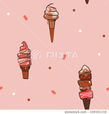 Hand drawn vector abstract graphic ice cream cone ,sundae line art illustrations seamless pattern.Ice cream dessert vector illustration design concept art. Sweet dessert cute doodle summer pattern. 104501138