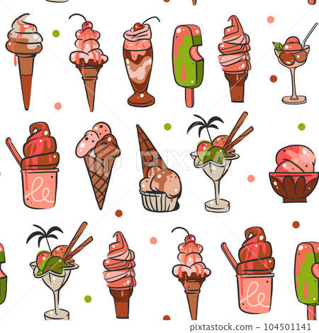 Hand drawn vector abstract graphic ice cream cone ,sundae line art illustrations seamless pattern.Ice cream dessert vector illustration design concept art. Sweet dessert cute doodle summer pattern. 104501141