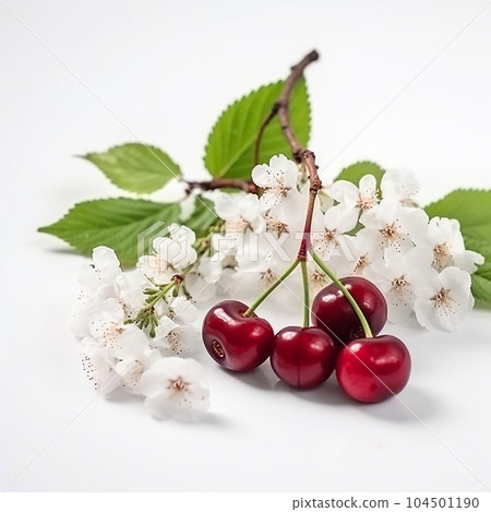 Red cherry, delicious juicy appetizing  berries and tender white cherry flowers, close-up isolated on white, for advertising and package design 104501190