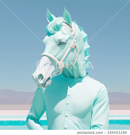 Fashion summer horse in shirt. Casual trendsetter look, mint blue monochrome portrait. Pop art modern style and lifestyle concept. Contemporary art, creative idea. Generative AI Fashion summer horse in shirt. Casual trendsetter look, mint blue monochrome portrait. Pop art modern style and lifestyle concept. Contemporary art, creative idea. Generative AI 104501280
