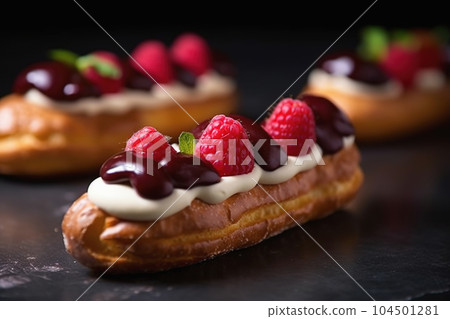 Delicious eclairs with berries and creamy filling. Traditional French pastry dessert. Generative AI Delicious eclairs with berries and creamy filling. Traditional French pastry dessert. Generative AI 104501281