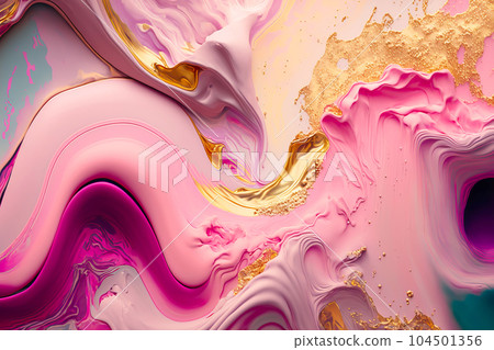 Fluid Art. Liquid pink cream and metallic gold waves and swirls. Generative AI illustration 104501356