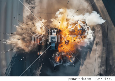 Aerial view of Freight fuel truck explosion with fire and smoke. Generative AI illustration Aerial view of Freight fuel truck explosion with fire and smoke. Generative AI illustration 104501359