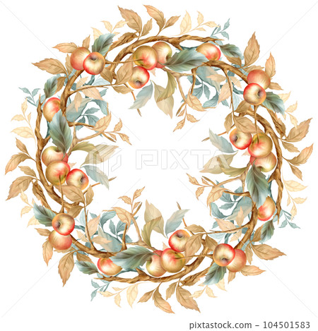 Autumn decorative frame with tree leaves, branches and apples. Fall harvest wreath illustration 104501583