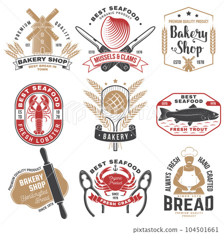 Set of Bakery and seafood badges. Vector. For emblem, sign, patch, shirt, menu restaurants with rolling pin, windmill, wheat ears, tuna, trout, shrimp, octopus crab mussels and clams. Set of Bakery and seafood badges. Vector. For emblem, sign, patch, shirt, menu restaurants with rolling pin, windmill, wheat ears, tuna, trout, shrimp, octopus crab mussels and clams. 104501661