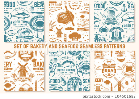 Bakery and seafood seamless pattern or background. Vector illustration. Seamless bakery pattern with with rolling pin, windmill, wheat ears, tuna, trout, shrimp, octopus, crab, mussels and clams 104501682