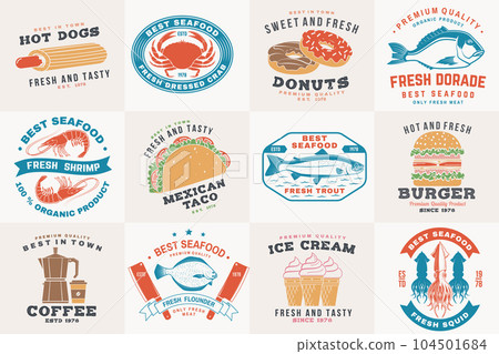Set of seafood and fast food retro badge. Vector. For seafood emblem, sign, patch, shirt, menu restaurants with tuna, trout, shrimp, octopus crab mussels and clams, hotdog, burger, pizza 104501684