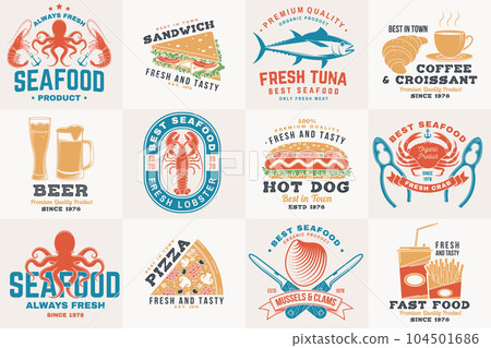 Set of seafood and fast food retro badge. Vector. For seafood emblem, sign, patch, shirt, menu restaurants with tuna, trout, shrimp, octopus crab mussels and clams, hotdog, burger, pizza Set of seafood and fast food retro badge. Vector. For seafood emblem, sign, patch, shirt, menu restaurants with tuna, trout, shrimp, octopus crab mussels and clams, hotdog, burger, pizza 104501686