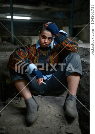 Portrait of depressed teenager woman beggar feeling disappointment Portrait of depressed teenager woman beggar feeling disappointment 104501735