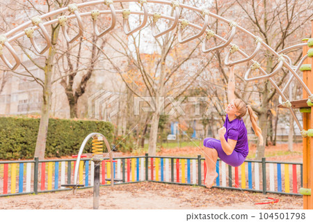 Celebrating sport challenge success achievement in calisthenic. Hispanic middle aged woman happy Celebrating sport challenge success achievement in calisthenic. Hispanic middle aged woman happy 104501798