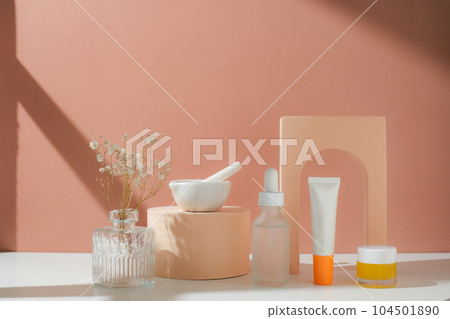 Skincare set including serum and sunscreen for summer and moisturizer skin. Cosmetic and beauty concept. Skincare set including serum and sunscreen for summer and moisturizer skin. Cosmetic and beauty concept. 104501890