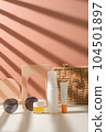 skincare product with bag and sunglasses for summer care and beauty and fashion concept. 104501897