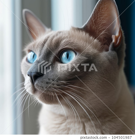 Portrait of a blue Tonkinese cat sitting in a light room beside a window. Closeup face of a beautiful Tonkinese cat at home. Portrait of a cute Tonkinese cat with blue-gray fur looking out the window. 104501987