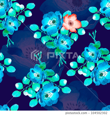 Seamless floral watercolor pattern on dark blue background. Suits like print on textile, clothes, paper 104502302