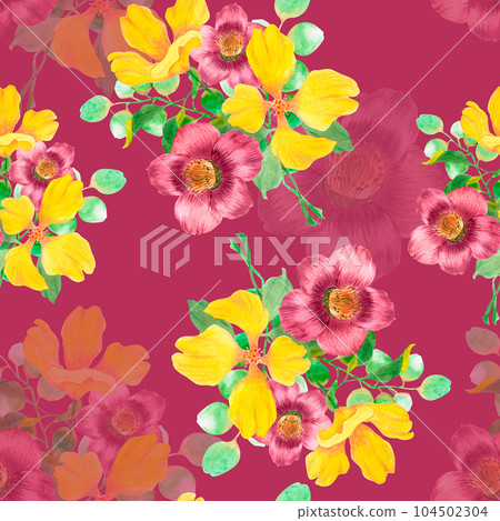 Seamless watercolor pattern whith yellow and purple flowers on purple background. Suits like print on textile, clothes, paper 104502304