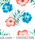 Seamless watercolor pattern whith blue and red flowers on white background. Suits like print on textile, clothes, paper 104502306