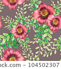 Seamless watercolor pattern whith purple flowers and green leaves on grey background. Suits like print on textile, clothes, paper 104502307