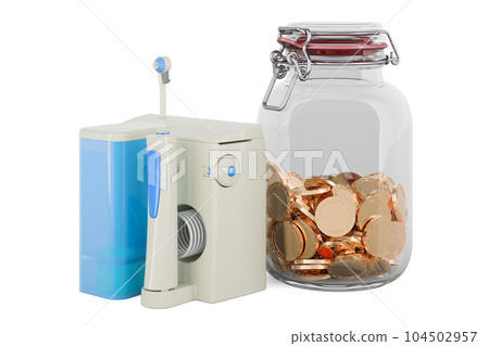 Oral irrigator with glass jar full of golden coins, 3D rendering Oral irrigator with glass jar full of golden coins, 3D rendering 104502957