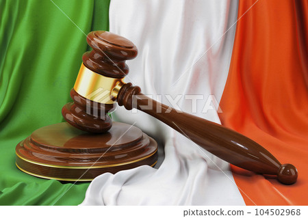Irish law and justice concept. Wooden gavel on flag of Ireland, 3D rendering 104502968