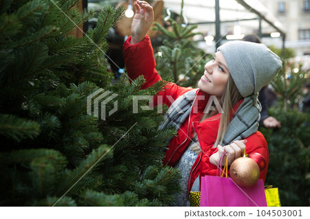 The girl chooses a christmas tree on the street market The girl chooses a christmas tree on the street market 104503001
