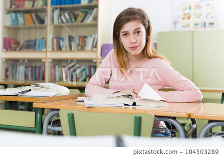 Young girl is sitting at the desk in the classroom 104503289