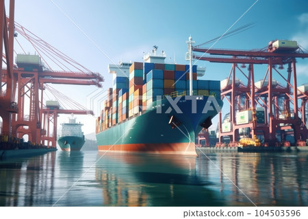 Container ship at the berth in cargo terminal of the port under loading or unloading. Port cranes load containers, place them in rows on the deck of the vessel. International freight shipping concept. 104503596