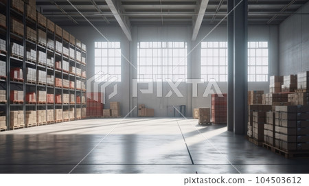 Large industrial warehouse. Tall racks are completely filled with boxes and containers. Many cardboard boxes on pallets in the sorting area. Global logistic concept. 3D illustration. Large industrial warehouse. Tall racks are completely filled with boxes and containers. Many cardboard boxes on pallets in the sorting area. Global logistic concept. 3D illustration. 104503612