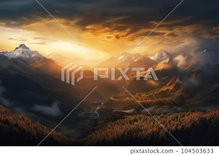A panoramic view of a mountain under the golden sunset. Generative AI A panoramic view of a mountain under the golden sunset. Generative AI 104503633